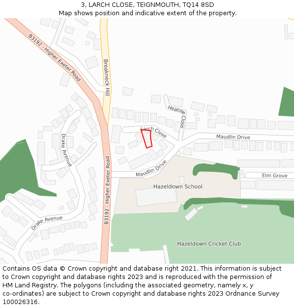 3, LARCH CLOSE, TEIGNMOUTH, TQ14 8SD: Location map and indicative extent of plot
