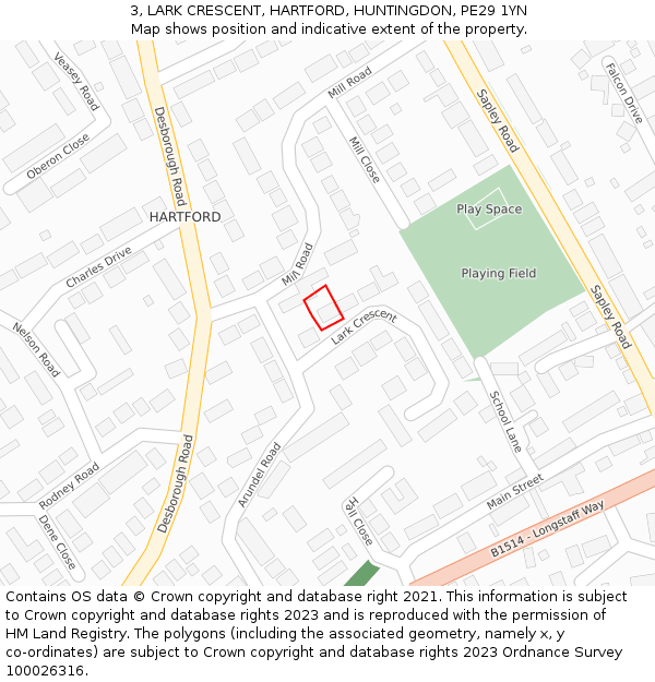 3, LARK CRESCENT, HARTFORD, HUNTINGDON, PE29 1YN: Location map and indicative extent of plot