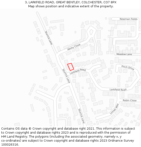 3, LARKFIELD ROAD, GREAT BENTLEY, COLCHESTER, CO7 8PX: Location map and indicative extent of plot