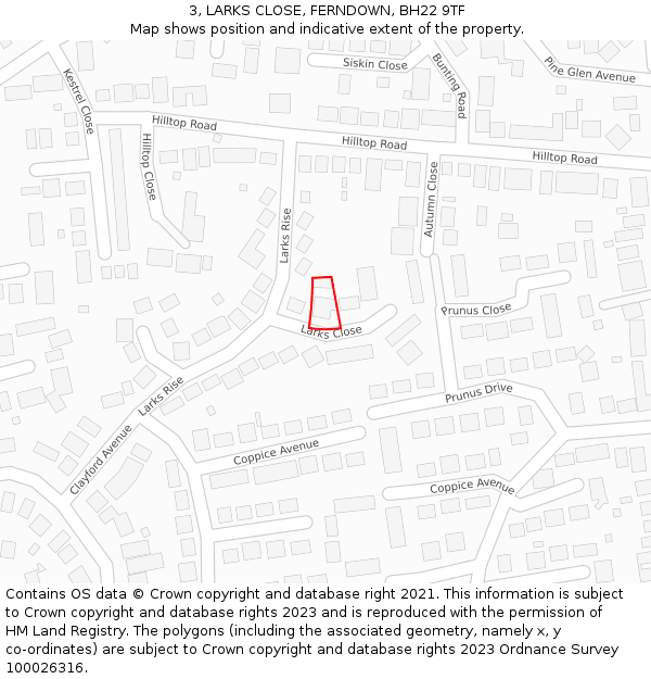 3, LARKS CLOSE, FERNDOWN, BH22 9TF: Location map and indicative extent of plot