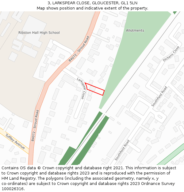 3, LARKSPEAR CLOSE, GLOUCESTER, GL1 5LN: Location map and indicative extent of plot