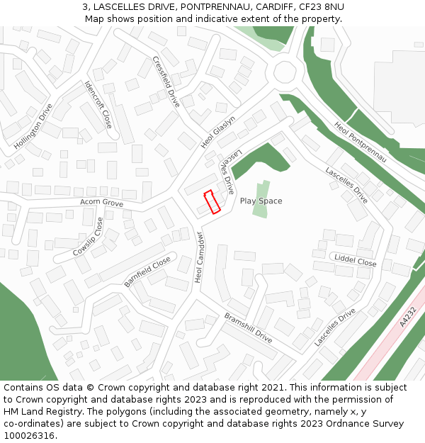 3, LASCELLES DRIVE, PONTPRENNAU, CARDIFF, CF23 8NU: Location map and indicative extent of plot