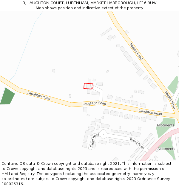 3, LAUGHTON COURT, LUBENHAM, MARKET HARBOROUGH, LE16 9UW: Location map and indicative extent of plot