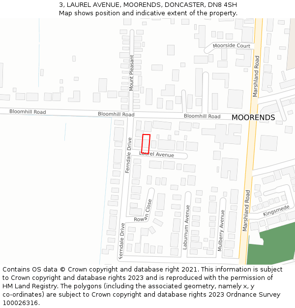 3, LAUREL AVENUE, MOORENDS, DONCASTER, DN8 4SH: Location map and indicative extent of plot