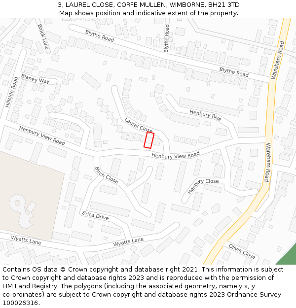 3, LAUREL CLOSE, CORFE MULLEN, WIMBORNE, BH21 3TD: Location map and indicative extent of plot