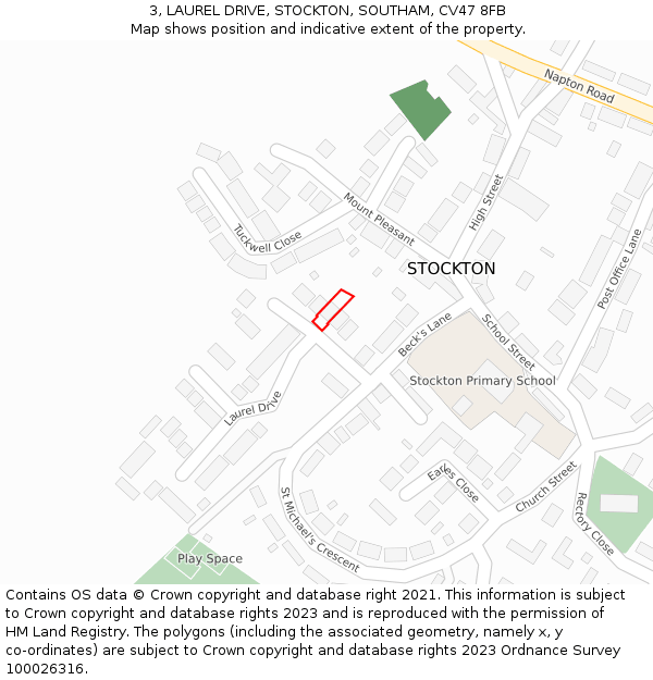 3, LAUREL DRIVE, STOCKTON, SOUTHAM, CV47 8FB: Location map and indicative extent of plot