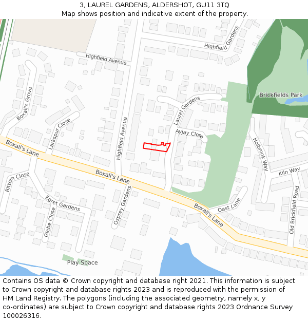 3, LAUREL GARDENS, ALDERSHOT, GU11 3TQ: Location map and indicative extent of plot