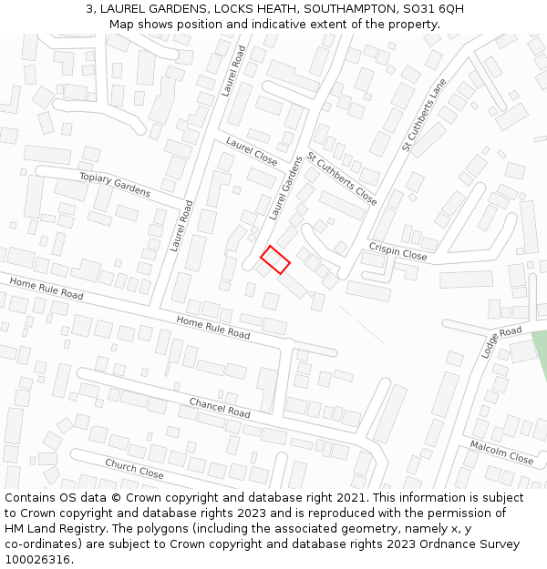 3, LAUREL GARDENS, LOCKS HEATH, SOUTHAMPTON, SO31 6QH: Location map and indicative extent of plot