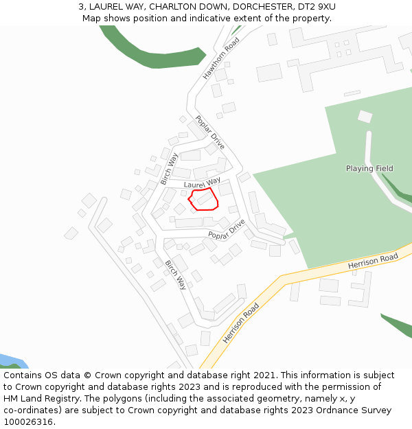 3, LAUREL WAY, CHARLTON DOWN, DORCHESTER, DT2 9XU: Location map and indicative extent of plot