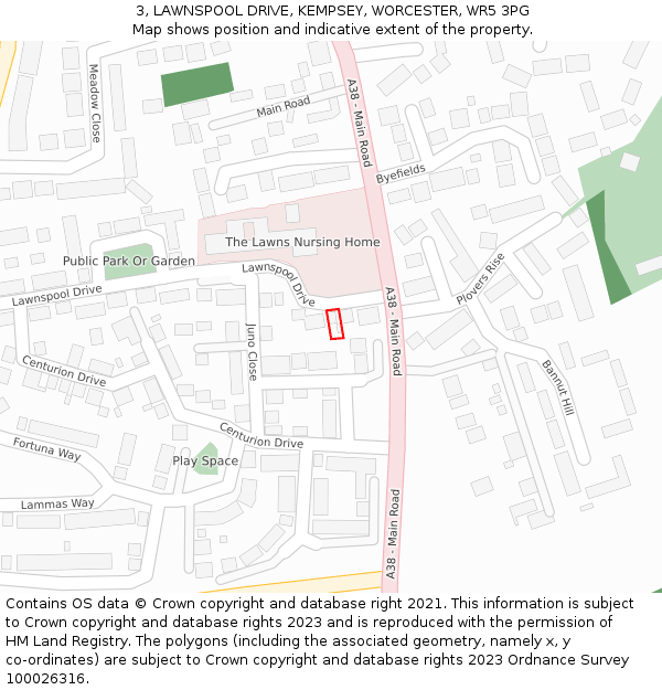 3, LAWNSPOOL DRIVE, KEMPSEY, WORCESTER, WR5 3PG: Location map and indicative extent of plot