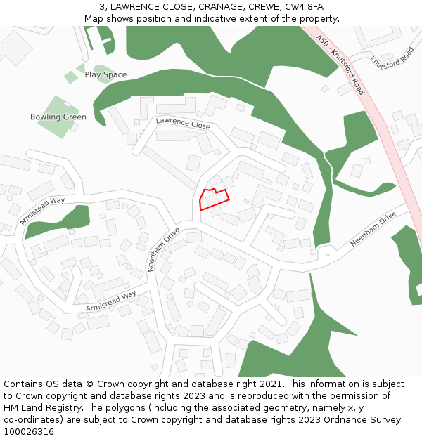 3, LAWRENCE CLOSE, CRANAGE, CREWE, CW4 8FA: Location map and indicative extent of plot