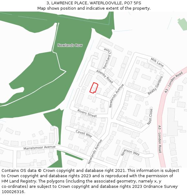 3, LAWRENCE PLACE, WATERLOOVILLE, PO7 5FS: Location map and indicative extent of plot