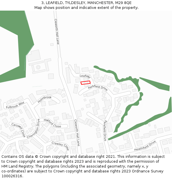 3, LEAFIELD, TYLDESLEY, MANCHESTER, M29 8QE: Location map and indicative extent of plot