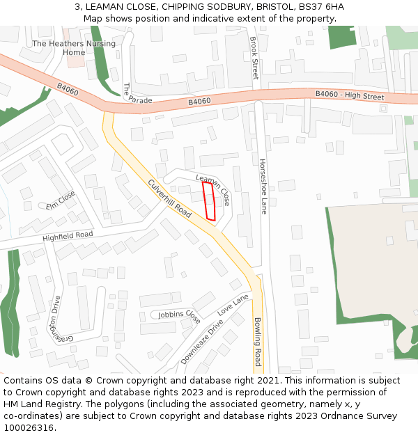 3, LEAMAN CLOSE, CHIPPING SODBURY, BRISTOL, BS37 6HA: Location map and indicative extent of plot