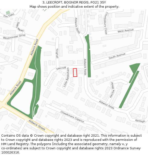 3, LEECROFT, BOGNOR REGIS, PO21 3SY: Location map and indicative extent of plot