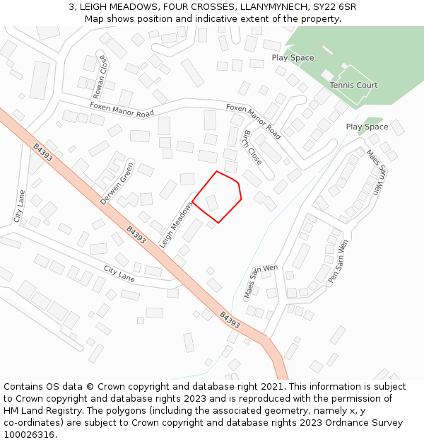 3, LEIGH MEADOWS, FOUR CROSSES, LLANYMYNECH, SY22 6SR: Location map and indicative extent of plot