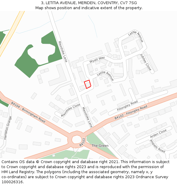 3, LETITIA AVENUE, MERIDEN, COVENTRY, CV7 7SG: Location map and indicative extent of plot