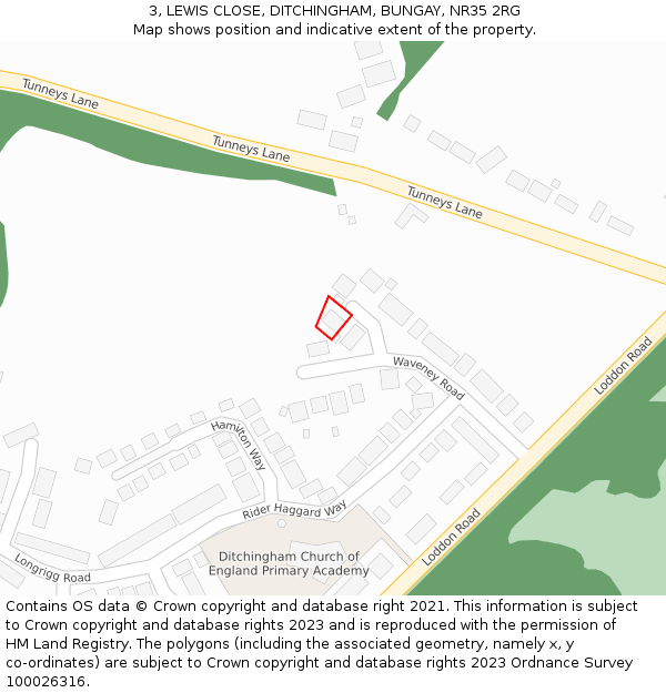 3, LEWIS CLOSE, DITCHINGHAM, BUNGAY, NR35 2RG: Location map and indicative extent of plot