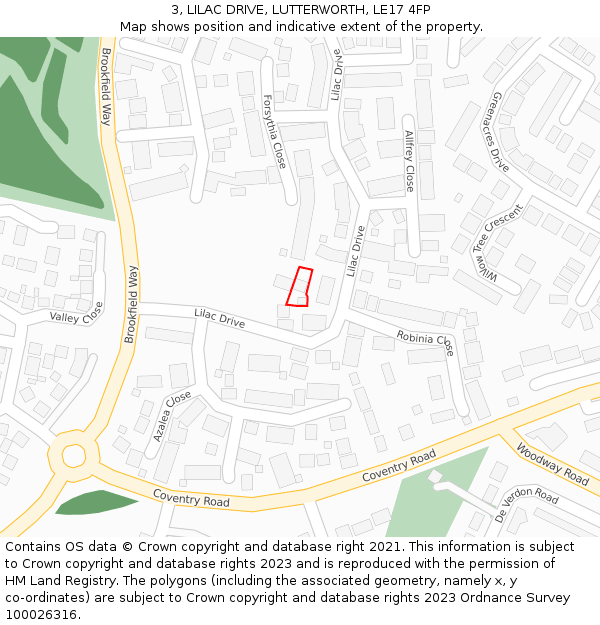 3, LILAC DRIVE, LUTTERWORTH, LE17 4FP: Location map and indicative extent of plot