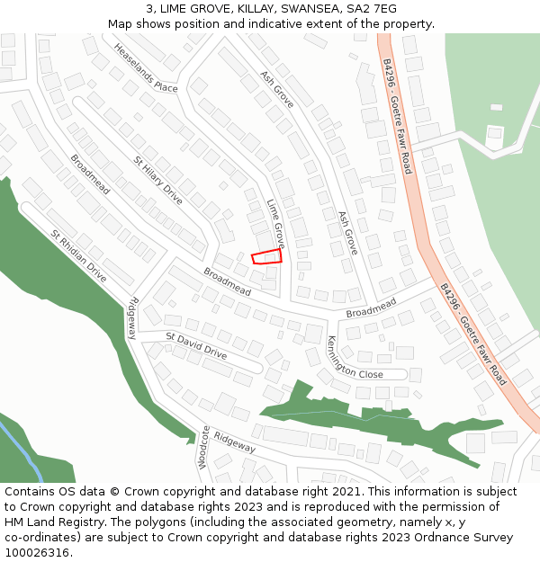 3, LIME GROVE, KILLAY, SWANSEA, SA2 7EG: Location map and indicative extent of plot