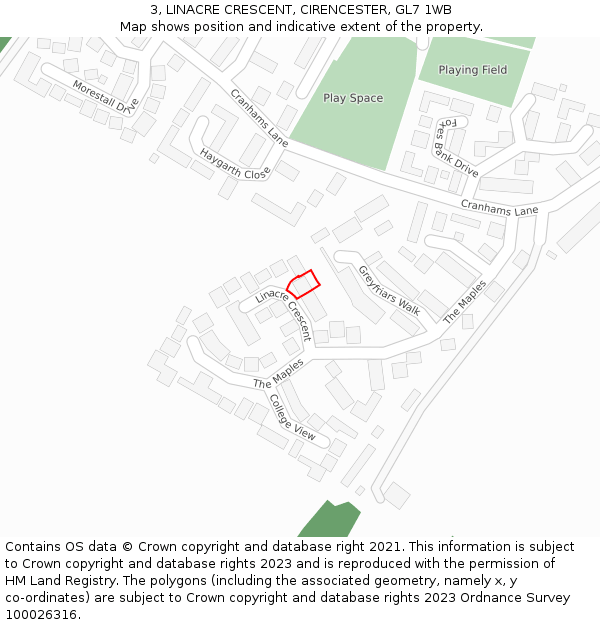 3, LINACRE CRESCENT, CIRENCESTER, GL7 1WB: Location map and indicative extent of plot