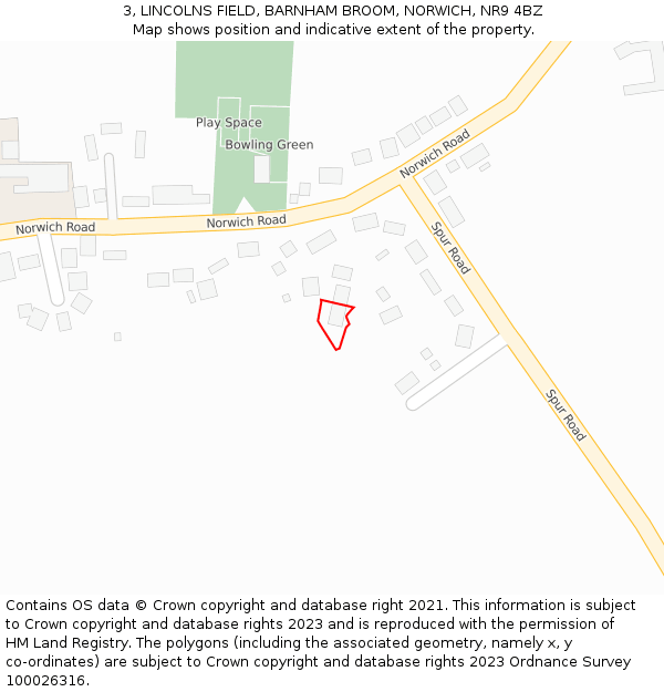 3, LINCOLNS FIELD, BARNHAM BROOM, NORWICH, NR9 4BZ: Location map and indicative extent of plot