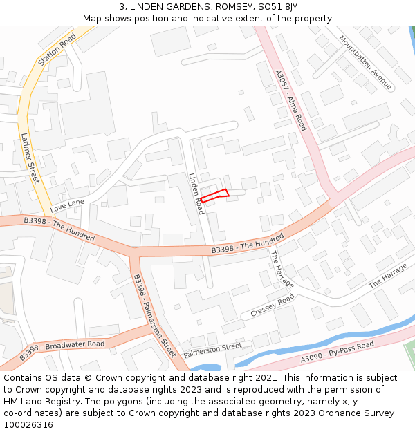 3, LINDEN GARDENS, ROMSEY, SO51 8JY: Location map and indicative extent of plot