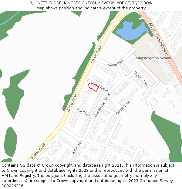3, LINETT CLOSE, KINGSTEIGNTON, NEWTON ABBOT, TQ12 3QW: Location map and indicative extent of plot