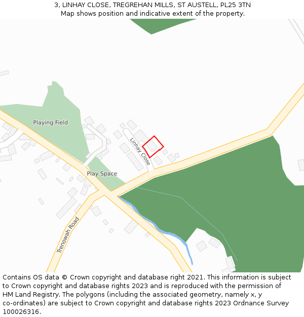 3, LINHAY CLOSE, TREGREHAN MILLS, ST AUSTELL, PL25 3TN: Location map and indicative extent of plot
