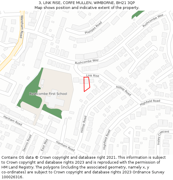 3, LINK RISE, CORFE MULLEN, WIMBORNE, BH21 3QP: Location map and indicative extent of plot