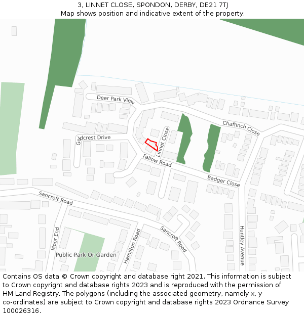 3, LINNET CLOSE, SPONDON, DERBY, DE21 7TJ: Location map and indicative extent of plot