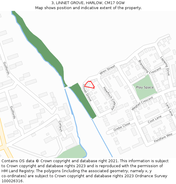 3, LINNET GROVE, HARLOW, CM17 0GW: Location map and indicative extent of plot