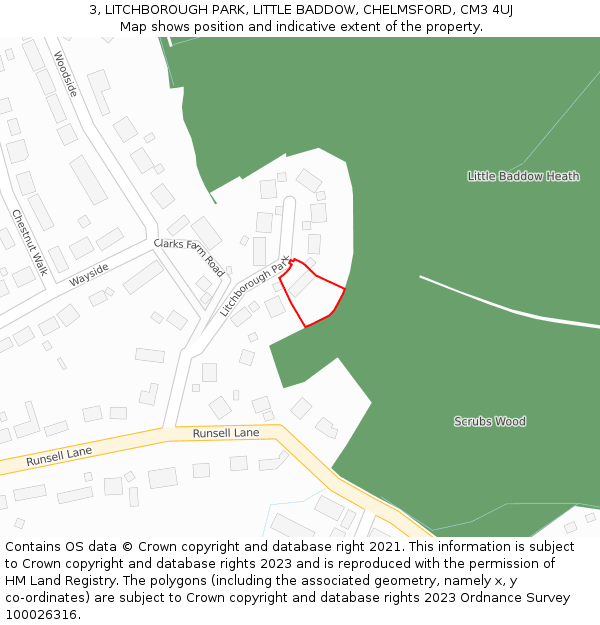 3, LITCHBOROUGH PARK, LITTLE BADDOW, CHELMSFORD, CM3 4UJ: Location map and indicative extent of plot