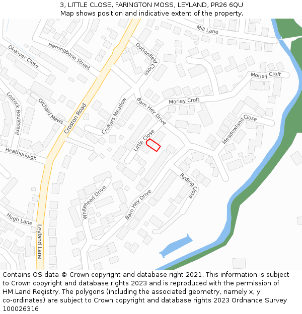 3, LITTLE CLOSE, FARINGTON MOSS, LEYLAND, PR26 6QU: Location map and indicative extent of plot