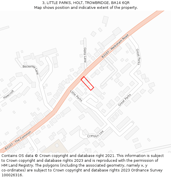 3, LITTLE PARKS, HOLT, TROWBRIDGE, BA14 6QR: Location map and indicative extent of plot