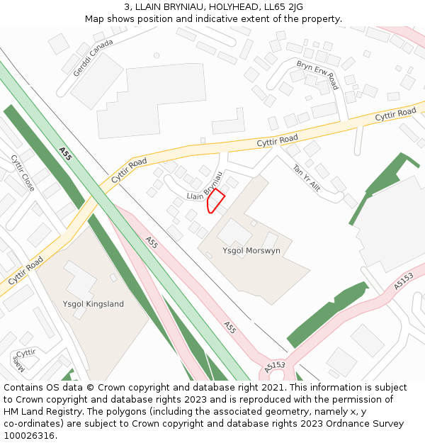 3, LLAIN BRYNIAU, HOLYHEAD, LL65 2JG: Location map and indicative extent of plot