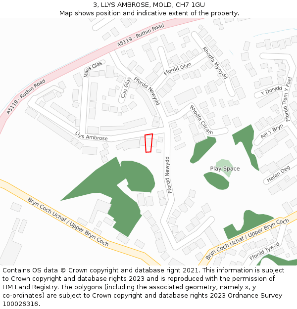 3, LLYS AMBROSE, MOLD, CH7 1GU: Location map and indicative extent of plot