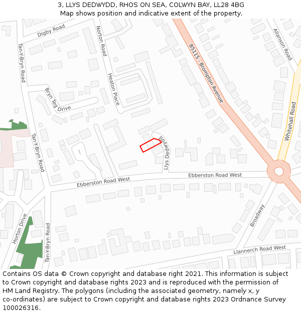 3, LLYS DEDWYDD, RHOS ON SEA, COLWYN BAY, LL28 4BG: Location map and indicative extent of plot