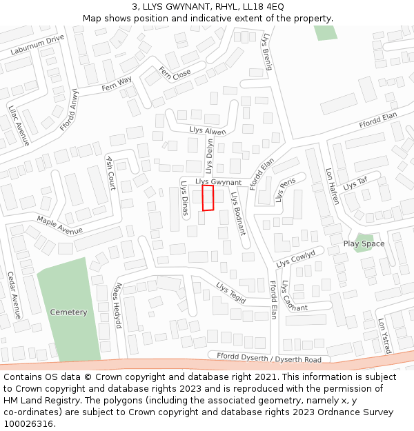 3, LLYS GWYNANT, RHYL, LL18 4EQ: Location map and indicative extent of plot