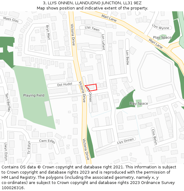 3, LLYS ONNEN, LLANDUDNO JUNCTION, LL31 9EZ: Location map and indicative extent of plot