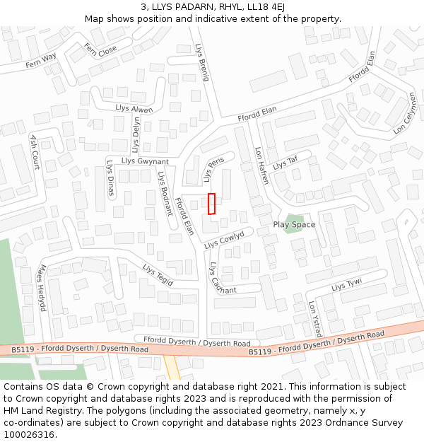 3, LLYS PADARN, RHYL, LL18 4EJ: Location map and indicative extent of plot