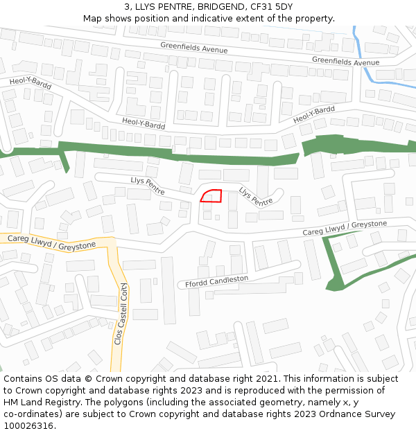 3, LLYS PENTRE, BRIDGEND, CF31 5DY: Location map and indicative extent of plot