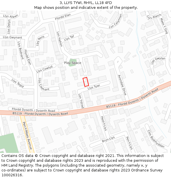 3, LLYS TYWI, RHYL, LL18 4FD: Location map and indicative extent of plot