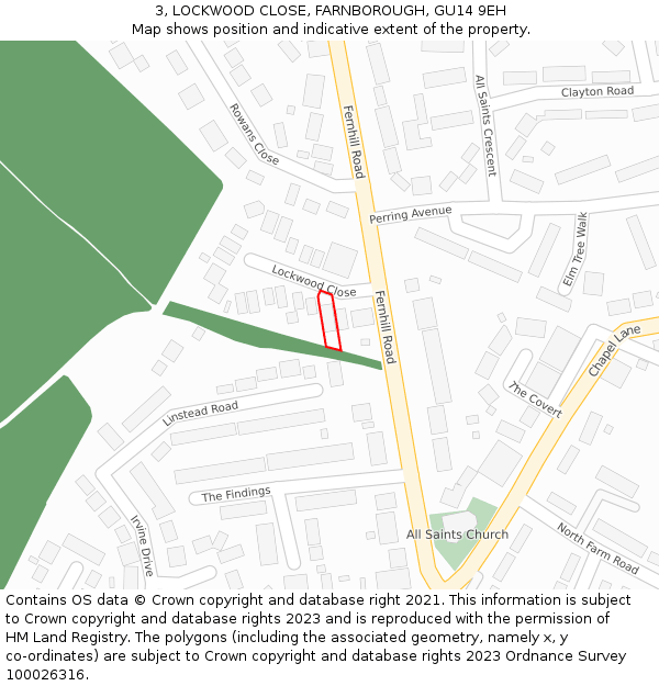 3, LOCKWOOD CLOSE, FARNBOROUGH, GU14 9EH: Location map and indicative extent of plot
