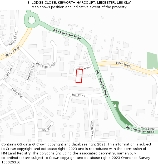 3, LODGE CLOSE, KIBWORTH HARCOURT, LEICESTER, LE8 0LW: Location map and indicative extent of plot