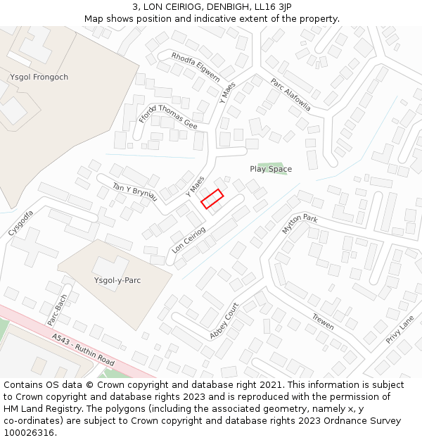 3, LON CEIRIOG, DENBIGH, LL16 3JP: Location map and indicative extent of plot