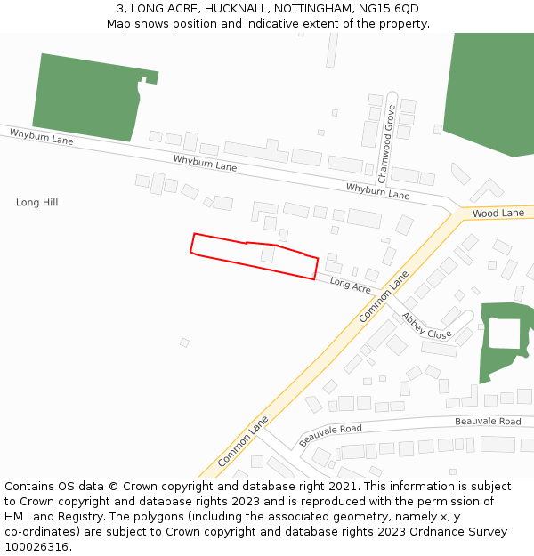 3, LONG ACRE, HUCKNALL, NOTTINGHAM, NG15 6QD: Location map and indicative extent of plot