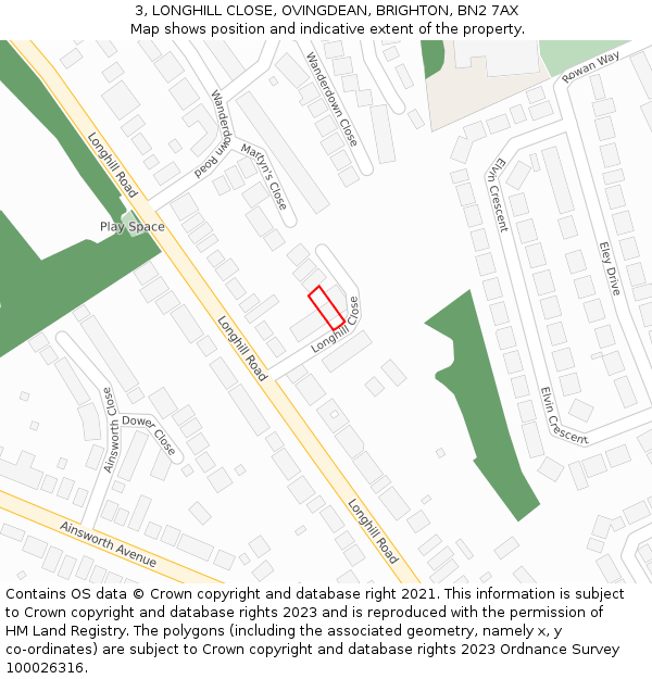 3, LONGHILL CLOSE, OVINGDEAN, BRIGHTON, BN2 7AX: Location map and indicative extent of plot