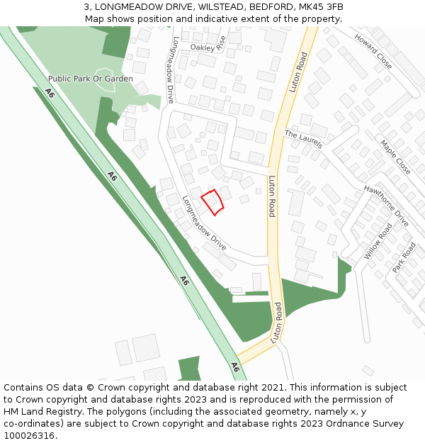 3, LONGMEADOW DRIVE, WILSTEAD, BEDFORD, MK45 3FB: Location map and indicative extent of plot