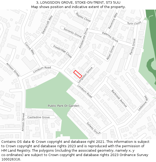 3, LONGSDON GROVE, STOKE-ON-TRENT, ST3 5UU: Location map and indicative extent of plot